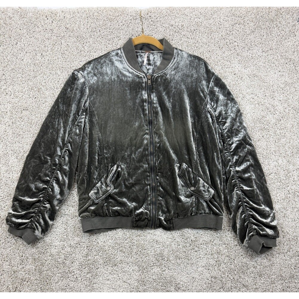 Free People Womens Gray Crushed Velvet Bomber Jacket Ruched Sleeve Zip Up Boho